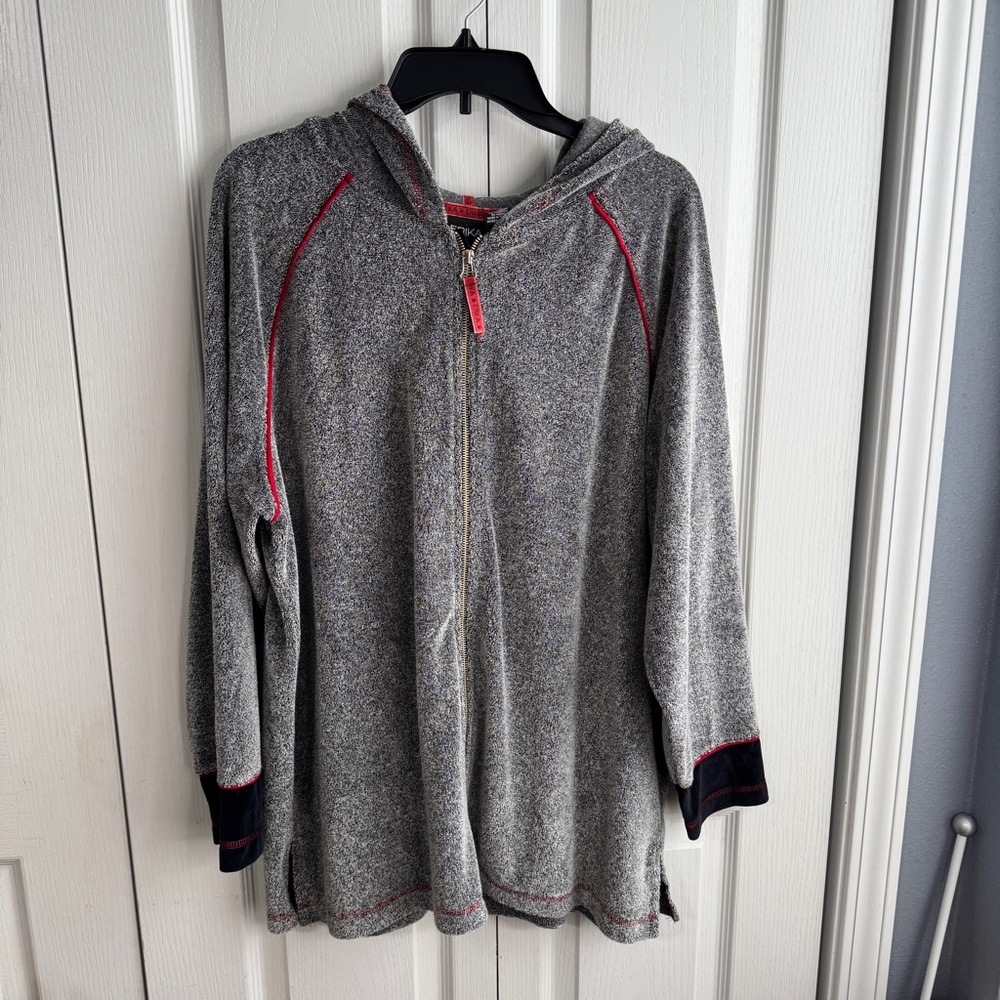 Erika Woman Gray Fleece Black Velvet Full‎ Zip Jacket Size 1X Comfy Cozy Travel